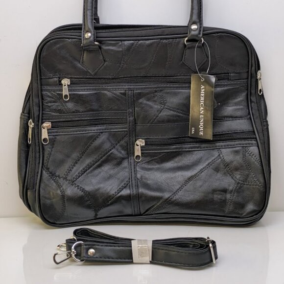 American Unique Black Patterned Genuine Leather Rectangular Handbag with Strap - Picture 3 of 6